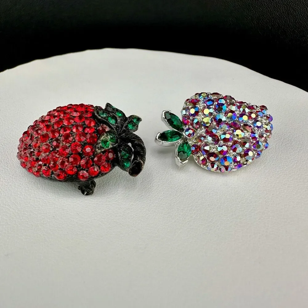 Vintage Rhinestone Strawberry Brooch Pin Lot 1 Signed Weiss 1 AB Figural Fruit